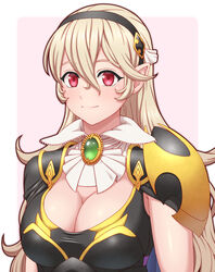 1girls alternate_costume big_breasts blonde_hair breasts brooch cleavage corrin_(female)_(nohr_noble)_(fire_emblem) corrin_(fire_emblem) corrin_(fire_emblem)_(female) detached_collar eyelashes eyeliner female female_only fire_emblem fire_emblem_fates fire_emblem_heroes hair_between_eyes large_breasts long_hair makeup nintendo oathcradle official_alternate_costume pink_background pointy_ears red_eyes smile solo