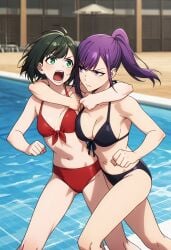 2girls ai_generated breasts catfight female fight friends han_song-yi long_hair pool poolside short_hair slim_girl slim_waist small_breasts solo_leveling sung_jin-ah tagme teenage_girl teenager yuri