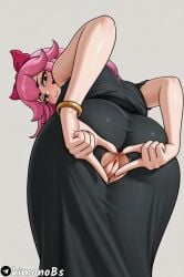 1girl solo long_hair looking_at_viewer blush simple_background dress bow jewelry pink_hair heart hair_ribbon ass hair_bow artist_name pussy grey_background looking_back black_dress black_eyes from_behind bracelet uncensored anus web_address ass_focus heart_hands patreon_logo presenting tearing_clothes spreading_own_anus kimonobs brawl_stars supercell ai_generated tagme back_view melodie_(brawl_stars)