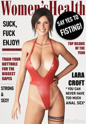 1girls 3d anal anal_training bare_legs benjibonjo big_breasts breasts brown_eyes brown_hair cleavage english_text erect_nipples female female_focus female_only fisting lara_croft lara_croft_(survivor) long_hair magazine magazine_cover nipple_bulge one-piece_swimsuit pinup pinup_pose skimpy solo swimsuit tattoo text tomb_raider tomb_raider_(survivor)