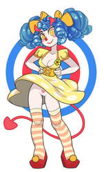 1girls blue_hair blush breasts cleavage clown clown_girl clown_makeup clown_nose curly_hair demon demon_girl demon_horns demon_tail female heart high_heels looking_at_viewer no_panties pussy red_nose red_shoes skirt skirt_up smiling_at_viewer solo solo_female striped_legwear striped_thighhighs succubus the_pink_pirate thighhighs tied_hair upskirt yellow_dress yellow_eyes