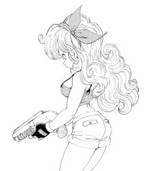 1girls ass big_ass black_and_white blonde_hair curly_hair curvy dragon_ball dragon_ball_z female fenyon gloves launch lunch_(dragon_ball) pout shorts shotgun weapon