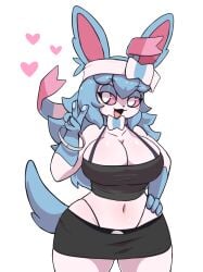 anthro big_breasts blue_hair bottomwear bow_ribbon bra_strap bracelet breasts cleavage clothed clothing crop_top curvy_figure eeveelution female generation_6_pokemon hair hand_on_hip heart_symbol jewelry looking_at_viewer miniskirt multicolored_body navel nintendo oreon_smol pawpads pink_eyes pokemon pokemon_(species) pose shiny_pokemon shirt simple_background skirt solo summer_(oreon_smol) sylveon tail thong_straps topwear
