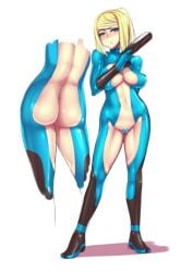 blonde_hair blue_eyes blush bodysuit breasts female full_body gun handgun high_heels high_ponytail holding_gun holding_weapon mole_under_mouth ponytail samus_aran solo standing weapon zero_suit
