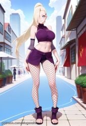 1girl ai_generated bare_shoulders blonde_hair blue_eyes blue_sky city cloud crop_top day female fishnet_pantyhose fishnets full_body hair_over_one_eye hairclip high_ponytail ino_yamanaka long_hair looking_to_the_side medium_breasts midriff mugenshi naruto naruto_(series) naruto_shippuden outdoors patreon_username reward_available sandals self_upload skirt sky solo standing stomach toeless_footwear