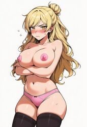 ai_generated amber_eyes angry big_breasts big_thighs black_legwear black_stockings blonde_hair breasts class_of_'09 embarrassed_nude_female female jecka_(class_of_'09) long_hair novelai nude nude_female panties pink_nipples pink_panties tagme