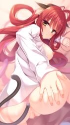 :< ahoge all_fours anal_tail animal_ear_fluff animal_ears aria_(koiiroharemoyou) arm_support ass blush breasts cat_ears cat_tail censored closed_mouth commentary_request commission dracu-riot! eyelashes eyes_visible_through_hair fake_animal_ears fake_tail female fingernails foreshortening furrowed_brow hair_between_eyes hair_spread_out hand_on_own_ass highres large_breasts long_hair long_sleeves looking_at_viewer looking_back mosaic_censoring naked_shirt nipples on_bed paid_reward_available pov presenting pussy red_hair shirt shy sidelocks skeb_commission solo tail top-down_bottom-up variant_set very_long_hair white_shirt yarai_miu yellow_eyes