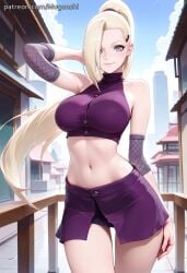 1girl ai_generated arm_up bare_shoulders blonde_hair blue_eyes cowboy_shot crop_top day female fishnets hair_over_one_eye hairclip high_ponytail ino_yamanaka long_hair midriff mugenshi naruto naruto_(series) naruto_shippuden outdoors patreon_username reward_available self_upload skirt solo standing stomach thighs