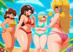 4girls ass ass_crack beach bikini bikini_skirt blonde_hair blue_bikini blue_eyes blue_hat blue_sky breasts brooch brown_hair butt_crack closed_mouth cloud cowboy_shot crossed_arms day earrings flower flower_brooch flower_earrings food_print from_behind hair_flower hair_ornament hair_over_one_eye hand_on_own_hip hat hat_flower head_wreath heart hoop_earrings jewelry large_breasts long_hair looking_at_viewer looking_back luma_(mario) mario_(series) medium_breasts multiple_girls mushroom_print navel nintendo ocean open_mouth outdoors palm_tree pauline pink_bikini princess_daisy princess_peach princess_rosalina print_bikini red_bikini sand sky smile sparkle speech_bubble spoken_heart standing star_(symbol) star_brooch star_earrings sunglasses_on_head super_mushroom swimsuit tan thick_thighs thighs tony_welt tree v water wide_hips yellow_bikini