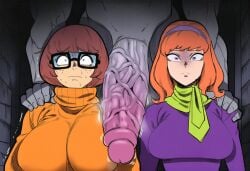 1boy 2girls ai_generated alternate_breast_size big_breasts big_penis breasts chest close-up daphne_blake female glasses hand_on_head hanna-barbera huge_breasts huge_cock imminent_rape imminent_sex large_breasts looking_at_viewer monster monster_cock mullon multiversus night novelai scooby-doo sweater veiny_penis velma_dinkley you_gonna_get_raped
