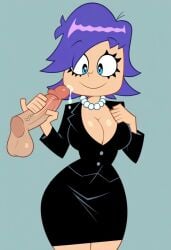 1boy 1girls ai_generated big_breasts big_penis blue_eyes blue_hair breasts business_suit cartoon_network cleavage crossover curvy disembodied_penis female handjob hi_hi_puffy_amiyumi leo_kasper looking_at_viewer male manhunt_2 pearl_necklace penis precum rockstar_games smile wide_hips yumi yumi_yoshimura