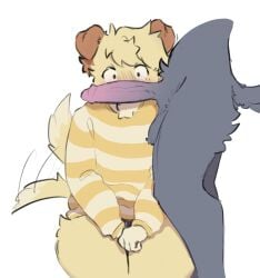 anthro balls blush brown_ears canid canine canis clothed clothing digital_media_(artwork) domestic_dog duo erection fur genitals grey_body grey_fur hair hi_res humanoid_genitalia katla_(artist) kneeling kneeling_oral_position looking_at_genitalia looking_at_penis male male/male mammal nude pattern_clothing penis penis_admiration pink_penis polite simple_background striped_clothing stripes tail tail_motion tailwag wide_eyed wolf yellow_body yellow_fur