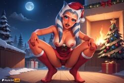 1girls ahsoka_tano ai_generated alien artist_name blue_eyes box breasts christmas christmas_tree clone_wars colored_skin dress face_markings fire fireplace full_moon gift gift_box hat hi_res humanoid jedi kneehighs looking_at_viewer lucasfilm markings medium_breasts montrals moon night nipples open_mouth orange_skin panties red_dress red_panties red_socks rule34lab santa_costume santa_hat snow socks solo squatting star_wars star_wars_rebels tentacle_hair togruta tree underwear