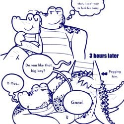 alligator alligatorid andromorph andromorph/male anthro ass butt_grab crocodile crocodilian daryl_(investigators) dowaku_01 duo hand_on_butt hi_res intersex intersex/male investigators_(book) lying_on_ground male mango_(investigators) monochrome on_ground reptile resting_on_shoulder scalie sex sex_toy simple_background size_difference strapon strapon_sex toying_partner white_background