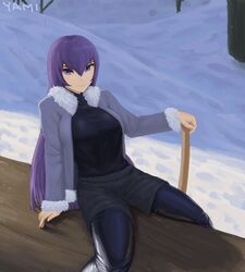 1girls 2021 arm_support breasts clothed clothed_female female female_only fully_clothed hi_res high_resolution highres highschool_of_the_dead holding_object long_hair looking_at_viewer outside purple_eyes purple_hair saeko_busujima sitting smile snow thick_thighs thighs torn_legwear winter winter_clothes yamisouls