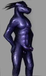 anthro balls black_horn blue_body blue_eyes blue_penis darkgem dragon erection genitals glans horn humanoid_genitalia humanoid_penis male male_anthro mouth_closed mythological_creature mythological_scalie mythology narrowed_eyes nude penis portrait purple_glans scalie simple_background solo standing striped_arms striped_legs three-quarter_portrait