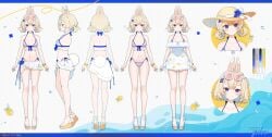 animal_ears bare_arms bare_shoulders bikini bikini_skirt blonde_hair blue_bikini blue_eyes blush breasts eyebrows_visible_through_hair female frills hair_between_eyes hair_ornament halterneck looking_at_viewer multiple_views navel sandals see-through short_hair side-tie_bikini smile swimsuit vyugen yenko yenkoes