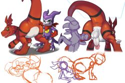 2025 absurd_res anthro anus ass balls bandai_namco biped claws colored digimon digimon_(species) duo erection feral genitals glans green_eyes guilmon hi_res humanoid_genitalia humanoid_penis impmon male male/male narse penis pink_glans presenting presenting_hindquarters presenting_penis red_body scalie toe_claws white_balls white_penis yellow_eyes