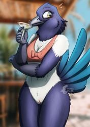 absurd_res alcohol anthro avian bar beach beverage bikini bikini_top bird bottomless bow_(feature) breasts casual_exposure cleavage clothed clothing cocktail cocktail_glass container corvid cup drinking_glass eurasian_magpie female fish_birb food fruit genitals glass glass_container glass_cup hi_res holarctic_magpie magpie_(corvid) martini non-mammal_breasts olive_(fruit) oscine passerine plant rachel_(fish_birb) solo summer swimwear two-piece_swimsuit vulva