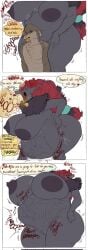 accessory anthro belly big_breasts body_outline bones_in_stomach bow_ribbon breasts burp_cloud burping comic dialogue digestion duo fatal_vore female female_pred generation_5_pokemon hair_accessory hair_ribbon hairbow hi_res itskorrie male male_prey nintendo nude pokemon pokemon_(species) ribbons solo text thick_thighs unwilling_prey vore weight_gain zoroark zoroark_(vanessa)
