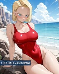 2025 ai_generated android18dx android_18 angry_at_viewer anicom61 anime beach_background blonde_eyebrows blonde_hair_female blue_eyes_female closed_mouth crunchyroll dragon_ball female hands_on_rock instagram looking_at_viewer mad_at_viewer manga meta mouth_closed red_cheeks red_swimsuit short_hair_female sitting_on_rock toei_animation wet_body wet_skin wet_swimsuit yellow_earrings