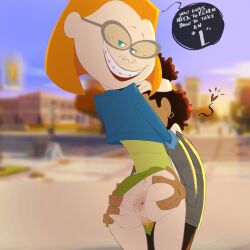 anus ass ass_focus back_view big_ass bottomless braces carpet_matching_drapes chocolate_and_vanilla dark-skinned_male dark_skin dialogue disney female female_focus female_pubic_hair ginger ginger_female glasses grabbing grabbing_ass grabbing_from_behind hugging justice_is_served male male/female nerd nerdy_female no_panties noah_barker orange_hair pokachu_(artist) pubic_hair public pussy spread_ass the_proud_family the_proud_family:_louder_and_prouder zoey_howzer