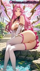 1girls 2025 ai_generated anus ass bare_shoulders breasts breasts_out clothing elbow_gloves gloves hair_ornament hi_res highres kai'sa league_of_legends league_of_legends:_wild_rift lily_pad long_hair looking_at_viewer medium_breasts natsuyoru nipples oshiri outdoors parted_bangs parted_lips patreon petals pink_eyes pink_hair pool pussy riot_games sitting skirt smile solo thighhighs uncensored vagina voluptuous voluptuous_female water white_gloves white_thighhighs wings