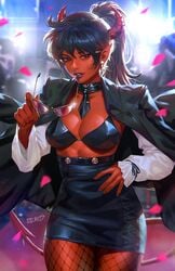 1girls black_hair bra dcwj demon_girl demon_horns demon_tail earrings female female_only fishnet_pantyhose fishnets glasses glasses_in_mouth hand_on_hip hi_res horns jacket_on_shoulders long_hair looking_at_viewer necktie nipple_bulge office_lady paprika_(mirka_andolfo) pointy_ears ponytail red_skin skirt solo solo_female sweet_paprika tail