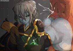 1boy 1girls :o anasteria armor ass bent_over black_legwear black_thighhighs blush bowl breasts breasts_bigger_than_head breasts_on_desk breasts_on_table breath buttjob colored_sclera colored_skin crystal cum cum_on_armor cum_on_ass cum_on_body cum_on_clothes cum_on_hair cum_on_head cum_on_object cumming_from_assjob cumming_from_buttjob cumshot desk ejaculation emotionless emotionless_female emotionless_sex female gauntlets gloves green_eyes grey_hair grey_skin grim_dawn huge_ass huge_breasts large_ass large_breasts legwear magic male oblivious orgasm penis precum precum_drip precum_on_ass precum_on_body precum_on_butt precum_on_penis precum_string projectile_cum reading reading_paper scroll short_hair shoulder_length_hair shoulder_pads steam sweat table thick_thighs thighhighs thighs tomodachi_(tomofanart) unaware unaware_buttjob uniform witch