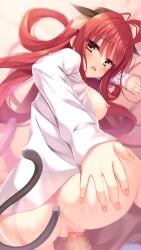 1boy ahoge all_fours anal_tail animal_ear_fluff animal_ears aria_(koiiroharemoyou) arm_support ass blush breasts cat_ears cat_tail censored commentary_request commission dracu-riot! eyelashes fake_animal_ears fake_tail female fingernails furrowed_brow hair_between_eyes half-closed_eyes hand_on_own_ass highres large_breasts long_hair long_sleeves looking_at_viewer looking_back mosaic_censoring naked_shirt nipples on_bed open_mouth paid_reward_available penis pov pov_crotch pussy red_hair sex sex_from_behind shirt shy sidelocks skeb_commission solo_focus straight tail top-down_bottom-up vaginal_penetration variant_set very_long_hair white_shirt yarai_miu yellow_eyes