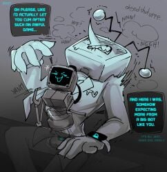 2boys begging chastity_device clothed clothed_sex cock_ring crack_pairing deltarune deltarune_chapter_3 edging grunting huge_cock inscryption insult mewmewds orgasm_denial p03_(inscryption) riding riding_penis robot table tenna_(deltarune) tie_pull tugging tugging_clothing tummy_bulge tv tv_head