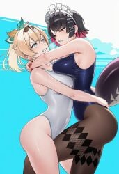 2girls ai_generated bearhug breasts breasts_pressed_against_partner catfight ellen_joe female fight hololive kazama_iroha one-piece_swimsuit swimsuit titfight virtual_youtuber vtuber yuri zenless_zone_zero
