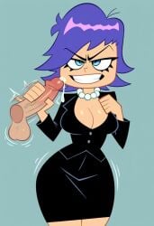 1boy 1girls about_to_cum ai_generated big_breasts big_penis blue_eyes blue_hair breasts business_suit cartoon_network cleavage crossover curvy disembodied_penis evil_grin evil_smile female hand_on_penis handjob hi_hi_puffy_amiyumi imminent_ejaculation leo_kasper looking_at_viewer male manhunt_2 pearl_necklace penis precum rockstar_games sadism sadistic smile wide_hips yumi yumi_yoshimura
