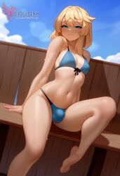1boy 2d ai_generated ass bangs barefeet big_ass bikini blonde_hair bulge erection erection_under_clothes erophoenix feet full_body green_eyes looking_at_viewer looking_back male male_focus navel nude otoko_no_ko pale_skinned_male patreon_username penis sitting smile soles solo solo_male sweat swimsuit thick thick_thighs toes uncensored