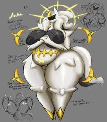 1girls anthro arceus ass breasts chubby chubby_female female female_only gigantic_ass huge_ass huge_breasts pokemon schmuckless solo solo_female standing text thick_thighs thunder_thighs