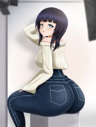 asaka_karin big_ass black_hair blue_eyes danzfloor exposed_shoulders fully_clothed jeans looking_back love_live! love_live!_nijigasaki_high_school_idol_club sweater tight_pants