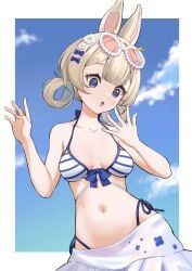 animal_ears bangs bare_shoulders bikini bikini_skirt blonde_hair blue_bikini blue_eyes blue_sky breasts bunny_ears cloud collarbone day eyebrows_visible_through_hair female flower hair_flower hair_ornament highleg highleg_bikini medium_breasts navel open_mouth see-through short_hair sky solo striped striped_bikini swimsuit vyugen white_flower yenko