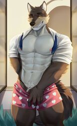 1boy 2021 abs absurd_res anthro boxers_(clothing) canid canine canis clothing genitals grin heart_underwear hi_res kult2k looking_at_viewer male male_only mammal mr._wolf_(the_bad_guys) muscular muscular_anthro muscular_male necktie nipples penis seductive shirt smile solo the_bad_guys topwear underwear wolf