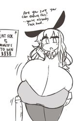 1boy 1girls breasts bunnysuit clothing dialogue english_text fake_animal_ears female gigantic_breasts male megadingus penis straight text