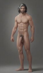 ai_generated barefoot beard big_penis black_hair clair_obscur:_expedition_33 completely_nude completely_nude_male flaccid flaccid_penis foreskin full_body light-skinned_male light_skin male male_focus male_only mature_male medium_hair muscular muscular_male nipples nude penis realistic scar scar_on_face simple_background solo solo_male straykato verso_(clair_obscur:_expedition_33) white_highlights