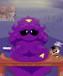 badge black_sclera blue_background blush breasts breasts_on_table cleavage cup desk female five_nights_at_freddy's freddy_(fnaf) hat large_breasts moonlightdrawinguwu office police_hat profanity purple_body purple_clothing purple_girl purple_guy_(fnaf) purple_hair purple_skin rule_63 security_guard table thought_bubble toy_chica_(fnaf) toy_freddy_(fnaf) wendy_afton white_eyes william_afton