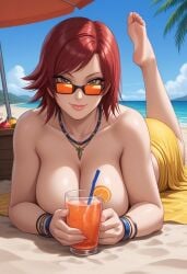 ai_generated asian asian_female ass bandai_namco beach big_ass big_breasts bikini breasts cleavage curvy curvy_female drinking female japanese japanese_female kazama_asuka lying namco red_hair seductive sunglasses tekken tekken_8 video_game_character voluptuous voluptuous_female