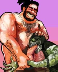 2boys arm_hair black_hair blowjob bo_rai_cho body_hair chest_hair chubby chubby_male closed_eyes gay green_scales hand_on_partner's_head happy holding_wrist juziuq male male_only mortal_kombat mortal_kombat_x netherrealm_studios remake reptile_(mortal_kombat) reptile_humanoid warner_brothers