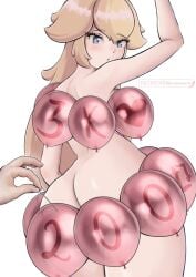 1girls back_view balloons blonde_hair blue_eyes blush clever_censor curvy hips light-skinned_female light_skin like_and_retweet mario_(series) mourderousx naked_female needle nintendo princess_peach unseen_male