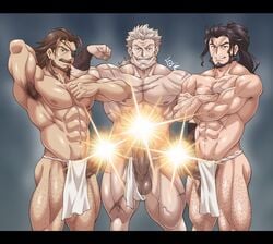 3boys 41raco abs bara beard boner censored crossed_arms erection eugen_(granblue_fantasy) eyepatch facial_hair feet_out_of_frame flexing granblue_fantasy highres huge_cock jin_(granblue_fantasy) kirupi large_pectorals leg_hair loincloth loincloth_aside long_hair male_focus male_only male_pubic_hair mature_male moustache multiple_boys muscular muscular_male navel navel_hair nipples old old_man pectorals penis pose pubic_hair scar scar_on_chest scar_on_face scar_on_forehead short_hair soriz standing star_censor stomach thick_thighs thighs topless_male veins