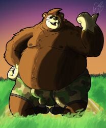 2024 absurd_res animal_crossing anthro balls_outline bear belly big_belly big_bulge bottomwear boxer_briefs brown_body brown_fur bulge camo camo_bottomwear camo_clothing camo_print camo_underwear claws clothing detailed_bulge digital_drawing_(artwork) digital_media_(artwork) feet footwear front_view fur genital_outline gesture gorochuinboxers grey_clothing grey_footwear grey_socks hand_gesture hand_on_hip hi_res ike_(animal_crossing) kneeling male mammal nintendo nipples obese open_mouth overweight overweight_anthro overweight_male pattern_bottomwear pattern_clothing pattern_underwear penis_outline pointing socks solo teeth underwear