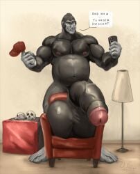 after_vore anthro ape balls belly big_balls big_penis black_body black_fur bone cellphone chair cock_vore dialogue electronics facial_piercing fatal_vore fur furniture genitals gorilla haplorhine hi_res huge_balls huge_cock hyper hyper_balls hyper_genitalia hyper_penis living_room male male_pred mammal musclegut muscular muscular_arms muscular_male nose_piercing nose_ring pecs penile penis phone piercing primate ring_piercing skull smartphone solo text vein veiny_penis vore wolfsecret