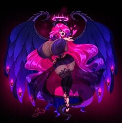 1girls belise7 blowing_kiss demon_girl dress female female_only halo heart huge_breasts lilith_(lilith_art) long_hair nipple_bulge original original_character pink_hair solo succubus tail thick_lips thick_thighs wide_hips wings wink