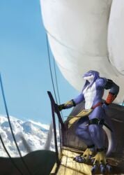 aircraft airship anthro balls bangaa barely_visible_balls barely_visible_genitalia barely_visible_penis blue_body blue_tail bottomwear clothed clothing cloud darkgem digitigrade final_fantasy genitals glistening glistening_eyes hi_res loincloth looking_at_viewer male male_anthro mouth_closed orange_eyes outside penis sky solo square_enix standing tail thrakos topless vehicle white_body white_tail