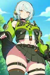 ai_generated anby_demara female_pubic_hair lifting_skirt looking_down_at_viewer low-angle_view thick_thighs thong white_hair zenless_zone_zero